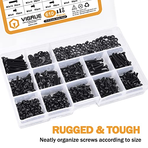 VIGRUE 610PCS 14.9 Grade Alloy Steel M3 Button Hex Head Cap Screws M3 x 4/5/6/8/10/12/14/16/18/20/25mm Machine Screws Bolts Nuts Washer Assortment Kit - size: M3 Button black