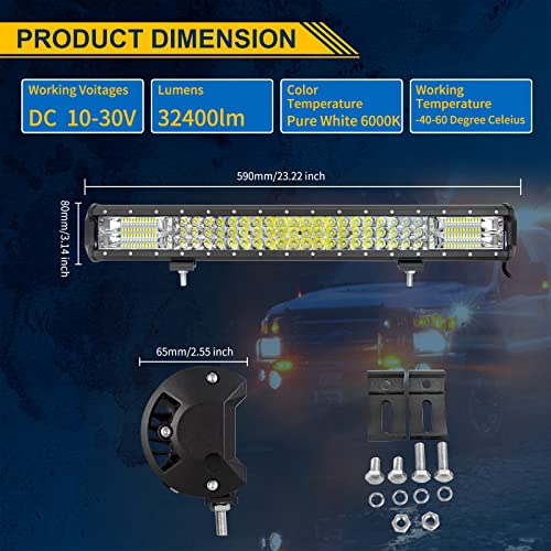 Willpower 23 Inch 324W Led Light Bar Spot Flood Combo Beam 12V 24V Fog Work Lamps Driving Offroad Lights for 4x4 Truck Tractor Boat Car ATV UTV SUV - size: 23'' - 324W - Combo