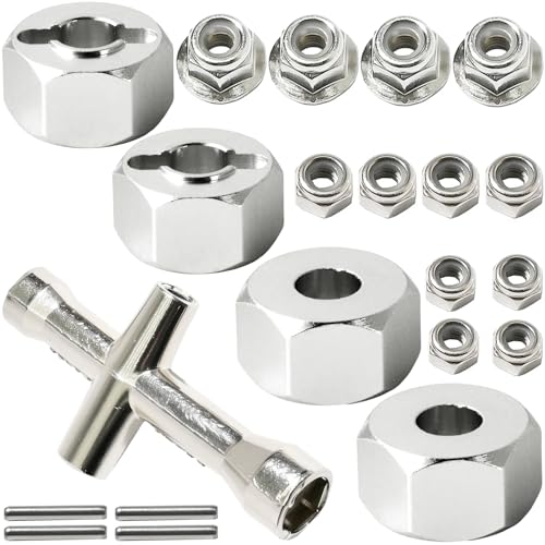 12mm Hex Wheel Hubs w/Axle Pins M4 Flange Lock Nut Standard M3 M4 Nut 5mm Thickness Aluminum Wheel Drive Adapter Replacement of 1654 for RC Traxxas 1/10 Slash 4x4, Stampede 4WD - color: Silver
