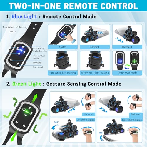 Eulogia Remote Control Motorcycle Toys New Upgraded RGB Wheels Lights, RC Motorbike with 2-in-1 Remote, Gesture Sensing Stunts Dirt Bike, 360° Rotating High Speed Motocross Car for Boys Girls Gift - color: Blue