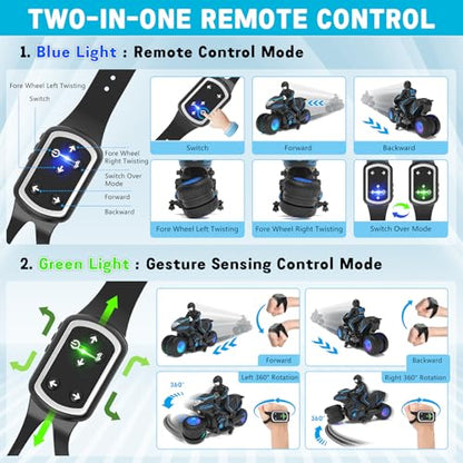 Eulogia Remote Control Motorcycle Toys New Upgraded RGB Wheels Lights, RC Motorbike with 2-in-1 Remote, Gesture Sensing Stunts Dirt Bike, 360° Rotating High Speed Motocross Car for Boys Girls Gift - color: Blue