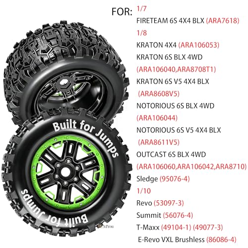 RC Wheels and Tires Set(4PCS) for 1/8 1/10 Monster Truck Tires,Traxx as/Arrm a 6S/Summi t/E Rveo/T-Maxx RC Off-Road etc,17mm Hex Tire and Wheels/Plastic Rims,Green and Black - color: Green and Black- (Wheels Tires)