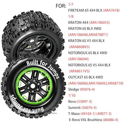 RC Wheels and Tires Set(4PCS) for 1/8 1/10 Monster Truck Tires,Traxx as/Arrm a 6S/Summi t/E Rveo/T-Maxx RC Off-Road etc,17mm Hex Tire and Wheels/Plastic Rims,Green and Black - color: Green and Black- (Wheels Tires)