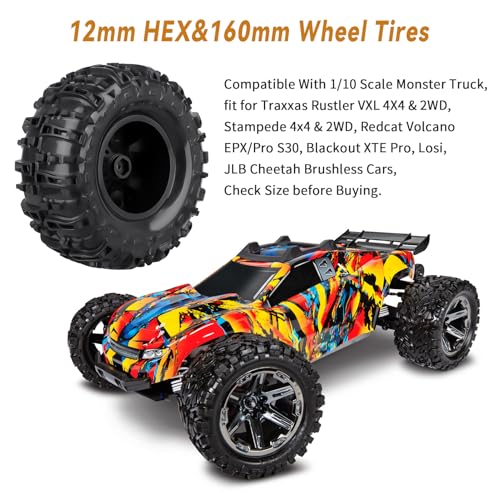 Pre-Glued Huge OD 6.3"(160mm) 1/10 RC Truck Tires and Wheels Set 2.8 RC Tires 12mm Hex for Traxxas Rustler Hoss Stampede 4x4 & 2WD Redcat Blackout 1/10 Scale RC Monster Truck Replacement
