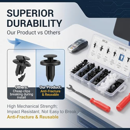 100 Pcs Car Bumper Clips Kit, Car Plastic Rivets Fasteners Push Retainer Kit with Sizes Auto Push Pin Rivets Set, Universal Expansion Screw Clips (Black)