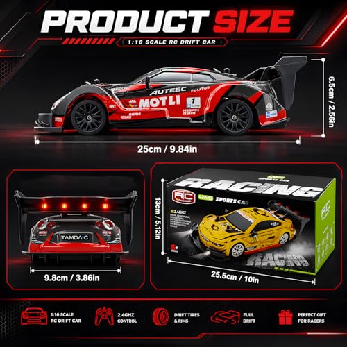 HTURCCOP 1:20 RC Drift Car 2.4GHz 4WD High Speed Drift Remote Control Cars Vehicle with LED Lights and Drifting Tires Batteries x2 Racing Sport Toy Cars for Adults Boys Girls Kids (Red) - color: Red