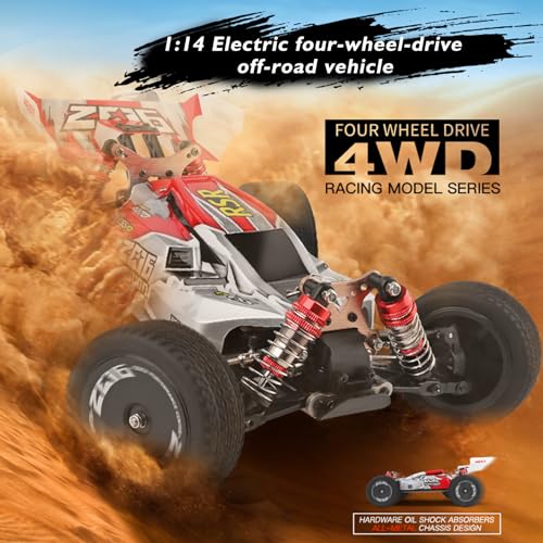 GoolRC WLtoys 144001 RC Car, 4WD 2.4GHz 60km/h High Speed Remote Control Car Off-Road RC Trucks, 1:14 Scale RC Buggy with RTR Aluminum Alloy Chassis 550 Motor Gifts for Adults (Red) - color: Red