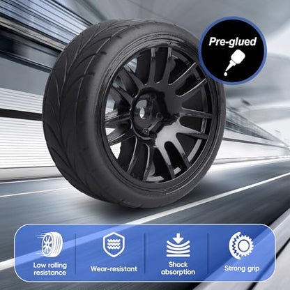 Preglued 1/10 On Road Wheels and Tires 12mm Hex Wheels Rubber Flat Racing Tires for Traxxas 4tec 2.0 3.0 Tamiya TT02 TT01 HPI RS4 Wltoys 144001 Kyosho Fazer 4PCS