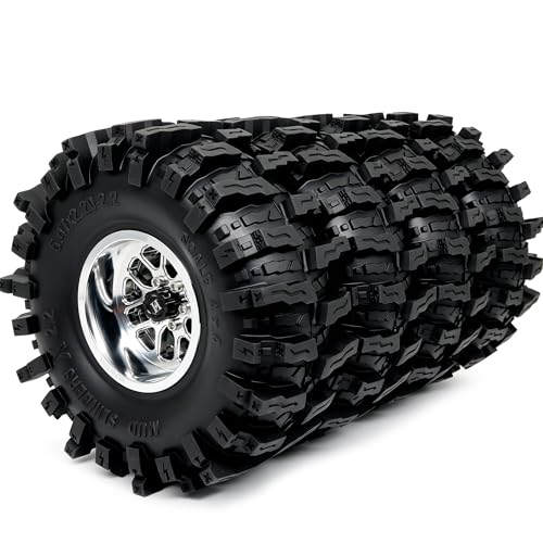 HOBBYSOUL 5.47'' Tall Mud Slingers X RC Crawler 2.2 Wheels Tires,4-Pack | -11mm negative offset silver beadlock wheel rims,T8 Compound Tire, For 1/10 RC Crawlers Truck Upgrades - color: Silver, size: 139mm / 5.47inch Tall