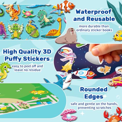 Elfew 6Pack Reusable Sticker Books for Toddlers 2-4 3-5 | 3D Puffy Stickers, 6 Themes, Waterproof, Mess-Free Sticker Activity Book, Travel Toys Birthday Gifts for Boys Girls - color: 3d Reusable Sticker Books