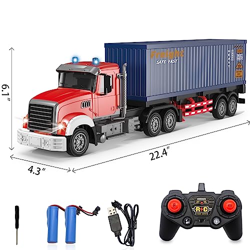 Mostop RC Semi Truck with Trailer - 22.5 Inch Remote Control Semi Truck Toy for Kids, 1:24 Scale Container Truck with 2 Batteries, Carrier Van Transport Vehicle with LED Light & Music,Great Gift