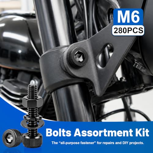 280PCS M6 Hex Socket Head Cap Screw Kit 12.9 Alloy Steel for DIY 3D RC | Black Zinc Plated Bolts and Nuts, Flat & Spring Washers, M6-1.0 x 8-35mm Machine Metric Fastener Set, High Tensile Strength - size: G12.9 M6 280PCS