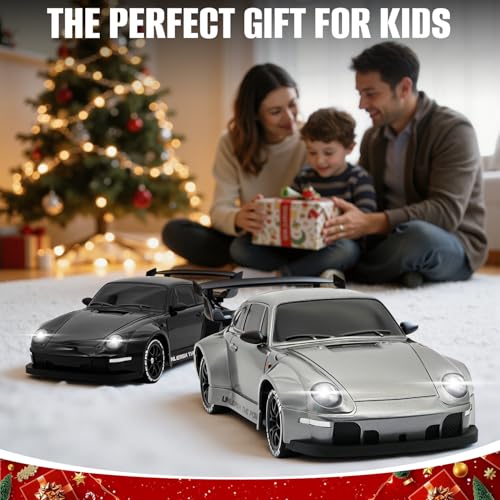 RC Drift Car,1:24 Scale Remote Control Car, 2.4GHz 20KM/H 4WD High Speed RC Cars for Kids with LED Light, Two Batteries,Drifting Tires,Racing Vehicle Toy for Adults Boys Girls Silver - color: Silver