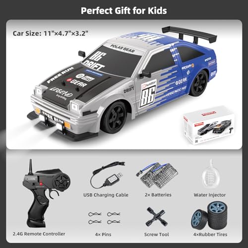 RC Drift Car 2.4GHz 1:16 Scale 4WD High Speed Remote Control Cars Vehicle with LED Lights Two Batteries and Drifting Tires Racing Sport Toy Cars for Adults Boys Girls Kids - color: Blue+wh86