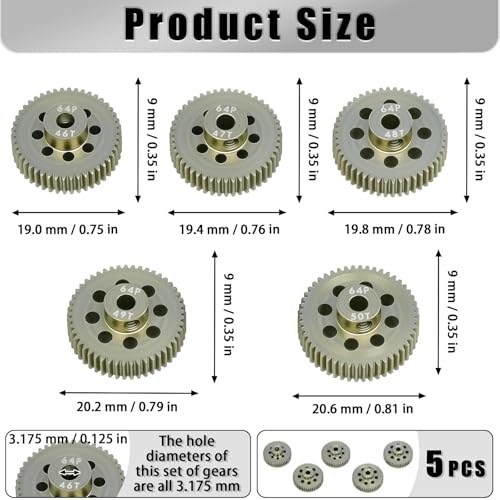 5Pcs 64P Aluminum Alloy Pinion Gear Set 3.175mm 46T 47T 48T 49T 50T Motor Pinion Gear W/ M4 Screw and Hex Key, Fit 3.175mm (1/8-Inch) Shaft, for Arrma HPI Kyosho Losi Axial Traxxas Tamiya 1/10 RC Car - size: 64P-3.175mm-46-50T