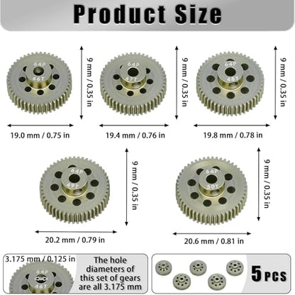 5Pcs 64P Aluminum Alloy Pinion Gear Set 3.175mm 46T 47T 48T 49T 50T Motor Pinion Gear W/ M4 Screw and Hex Key, Fit 3.175mm (1/8-Inch) Shaft, for Arrma HPI Kyosho Losi Axial Traxxas Tamiya 1/10 RC Car - size: 64P-3.175mm-46-50T