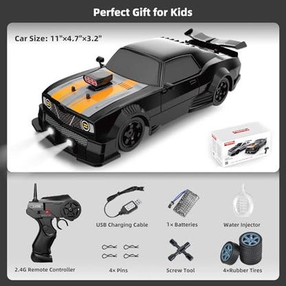 RC Drift Car 1/16 2.4GHz 4WD Remote Control Cars, Rechargeable High Speed Drifting RC Cars with Spray, Cool Lights and Extra Tires Toy Car for Kids - color: Black