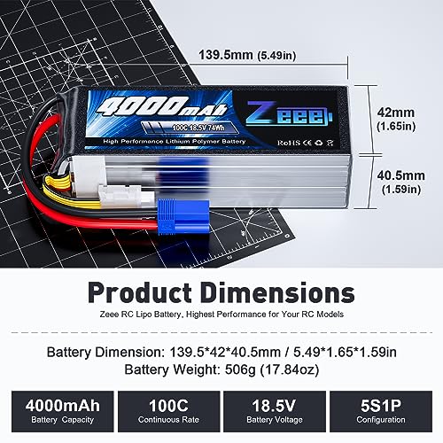 Zeee 5S Lipo Battery 4000mAh 18.5V 100C with EC5 Connector | Soft Pack Lipos Compatible with RC Helicopter Airplane RC Car Boat Truck Racing Models