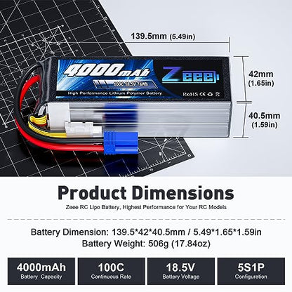 Zeee 5S Lipo Battery 4000mAh 18.5V 100C with EC5 Connector | Soft Pack Lipos Compatible with RC Helicopter Airplane RC Car Boat Truck Racing Models