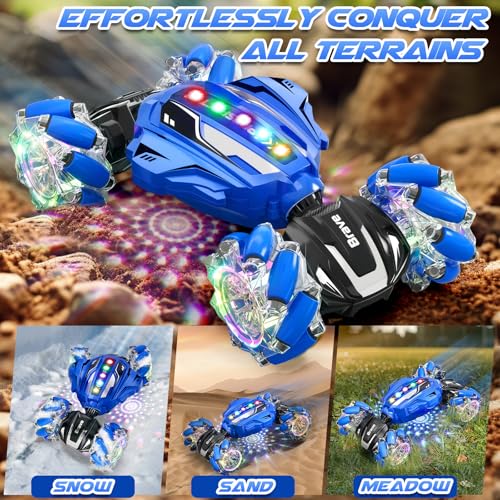 Gesture Sensing RC Stunt Car - Boys Toys Age 6-12, 4WD Hand Controlled Remote Control Car with Light & Music, 360°Rotation Twist Vehicle Toy, Christmas Birthday Gift for Boys Girls Age 6 7 8 9 10 11+ - color: Blue