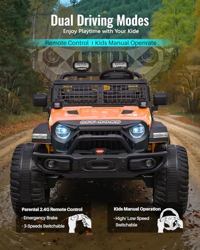 Blitzshark 24V MAX Ride-on Truck 2 Seater, 4WD Kids Electric Vehicle | XXL Battery Powered Car, with 480W Ultra Powerful Motor, 7AH Battery, Remote Control, Full-Metal Suspension& Sticker, Golden - color: Golden