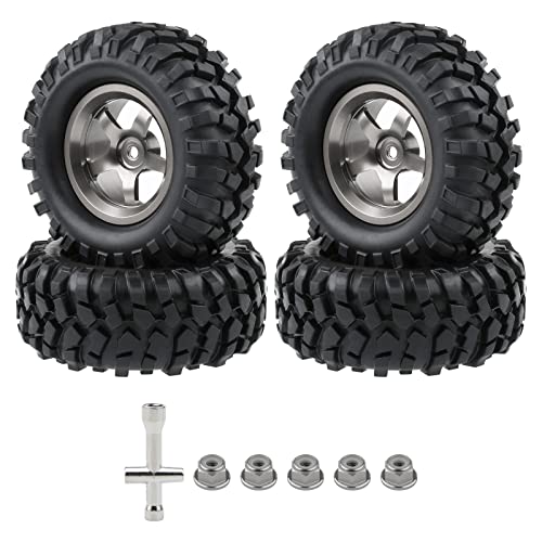 4PCS 1.9 Tires and Wheels Set, 12mm Hex for 1/10 RC Crawler | 96mm OD, Aluminum Rims, Lock Nuts & Wrench - color: Titanium