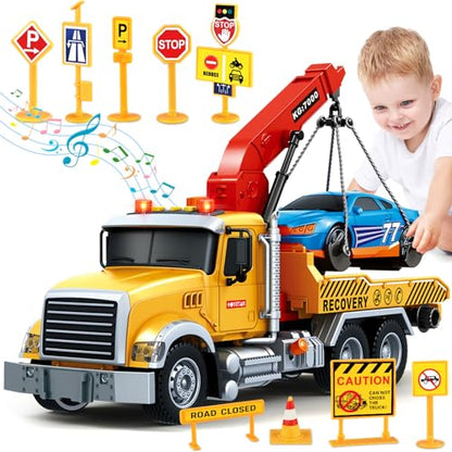 Kids Toys for 3 4 5 6 7 Years Old Boys, 15" Large Tow Truck Toy, Friction Powered Transport Truck Crane Vehicle Toy with Lights and Sounds, Racing Car, Traffic Signs, Birthday Gifts for Boys Girls - style: Tow Truck