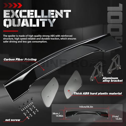 57" Car Rear GT Wing Spoiler, ABS & Aluminum Alloy Universal Rear Spoiler with Adjustable Bracket, Black - style: Glossy Black