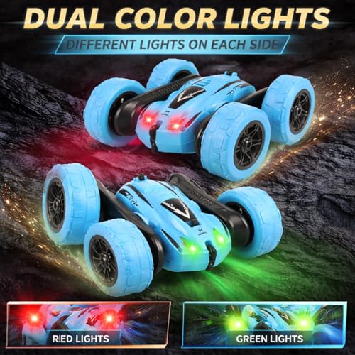 Remote Control Car for Kids, 360° Rotating Stunt Car, Double-Sided Driving, 2.4GHz RC Car with LED Headlights, Rechargeable All Terrain Toy, Extra 4 Green Wheels, Gift for Boys Girls Ages 4-8 6-12 - color: Blue+extra 4 Green Wheels