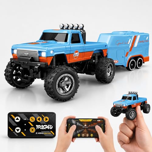 1:64 Scale Mini Remote Control Monster Truck with Trailer | 2.4GHz & App Dual Control, Alloy Mini RC Car with LED Lights, Portable Pocket Toy Car for Kids & Adults, Gift for Boys (Blue-b) - color: Blue-b