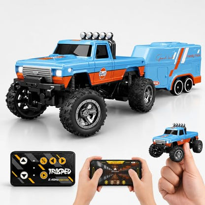 1:64 Scale Mini Remote Control Monster Truck with Trailer | 2.4GHz & App Dual Control, Alloy Mini RC Car with LED Lights, Portable Pocket Toy Car for Kids & Adults, Gift for Boys (Blue-b) - color: Blue-b