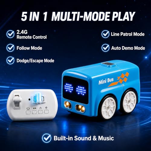 Magic Mini Bus Toy, 2.4GHz RC Line Following Car with Gesture Follow & Escape Modes, Rechargeable Inductive Bus with LED Lights, STEM Toy Gift for Kids Ages 3-8, Blue - color: Blue