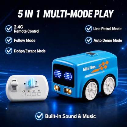 Magic Mini Bus Toy, 2.4GHz RC Line Following Car with Gesture Follow & Escape Modes, Rechargeable Inductive Bus with LED Lights, STEM Toy Gift for Kids Ages 3-8, Blue - color: Blue