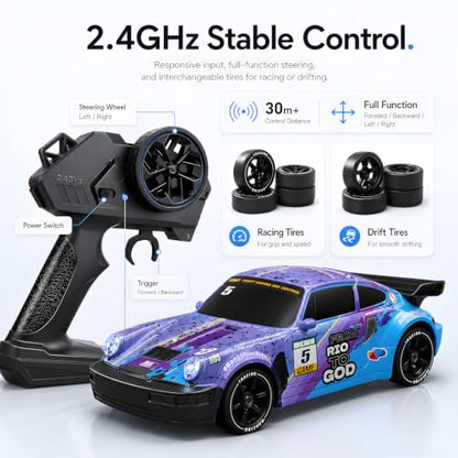 RC Drift Car, 1:24 Scale Remote Control Vehicle with LED Lights,Drifting Tires＆Two Batteries, Racing Sports Toy Idea Gift for Adults Boys Girls and Kids - color: Purple