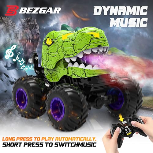 BEZGAR Monster Truck Toys, 1:20 Remote Control Car with Spray, Light, Music | Green Dinosaur Toys for Kids, 1:20 Scale RC Truck with 360° Spins and Drifting, Car Toys Gifts for Boys 4-7 - color: Green