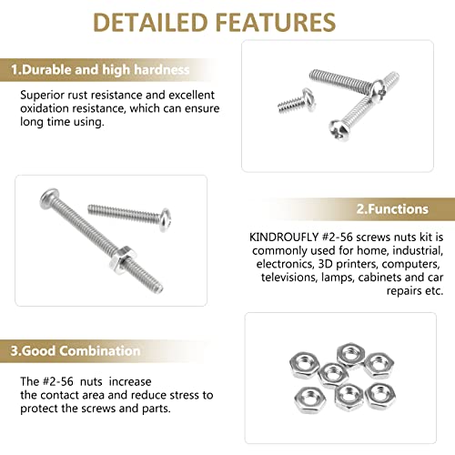 242 Pieces #2-56x 5/32", 3/16", 1/4", 5/16", 3/8", 1/2", 5/8", 3/4", 1", Phillips Pan Head Machine Screws Nuts Assortment Kit, 304 Stainless Steel, Fully Machine Thread - size: #2-56