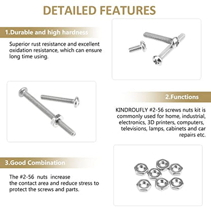 242 Pieces #2-56x 5/32", 3/16", 1/4", 5/16", 3/8", 1/2", 5/8", 3/4", 1", Phillips Pan Head Machine Screws Nuts Assortment Kit, 304 Stainless Steel, Fully Machine Thread - size: #2-56