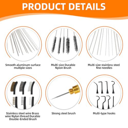 Carburetor Cleaning Kit, Double-Ended Brushes for Small Engines | 13 Wires, 10 Needles, 5 Nylon Brushes, 3 Double-Ended Brushes, Scraper & 4 Hooks; for Chainsaws, Lawn Mowers & Welders