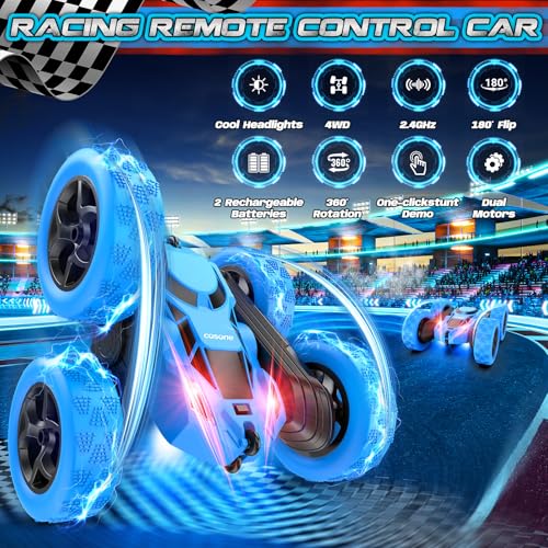 cosone Blue RC Stunt Car for Boys Kids | 2.4GHz Remote Control, 360° Spins & Double Sided Driving, LED Headlights, USB-C Rechargeable, Ages 4-8 8-12 - color: Blue Pro
