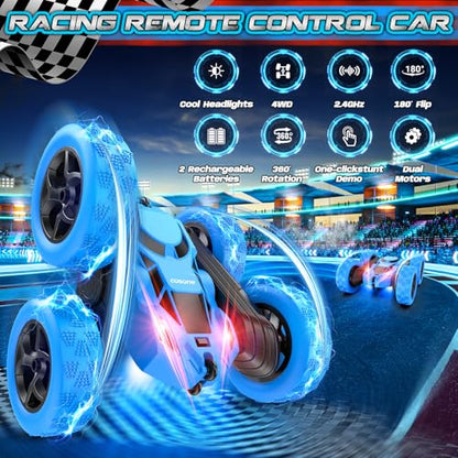 cosone Blue RC Stunt Car for Boys Kids | 2.4GHz Remote Control, 360° Spins & Double Sided Driving, LED Headlights, USB-C Rechargeable, Ages 4-8 8-12 - color: Blue Pro