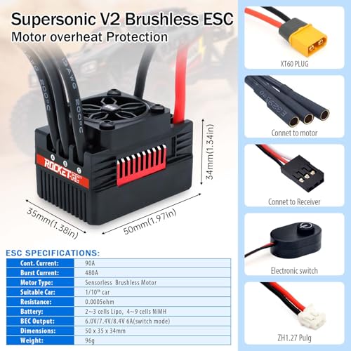 Surpass Hobby 3660 & 90A Brushless Motor and ESC Combo 2-3S Lipo Applicable to 1/10 Short Course Trucks Monster（3200kv 90A） - style: SUP3660 Motor 3200kv + 90A V2