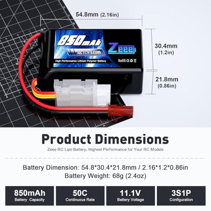 Zeee 3S Lipo Battery 850mAh 11.1V 50C with JST Plug for FPV Quadcopter Racing Drone Helicopter Airplane RC Boat RC Car RC Models(2 Pack)