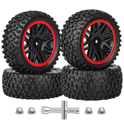 HobbyPark 12mm Hex Pre-Glued 1/10 RC Buggy Tires and Wheels Set Assembled, 3.46" (88mm) Tall for Traxxas Bandit VXL Losi Redcat Wltoys 144001 fit Brushless Motor 2S 3S Models
