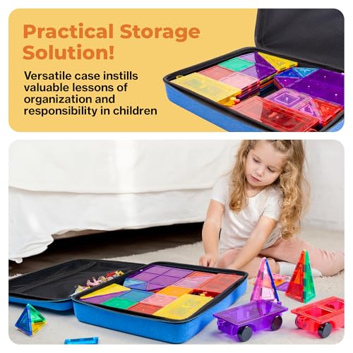 PicassoTiles Toy Storage Travel Case Organizer Bag for Kids Magnetic Tiles | water-resistant Oxford cloth material, durable rubber handle, strong zipper, zippered mesh pocket, drop-proof edges