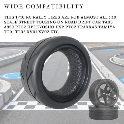 RC 1/10 On Road Tires 4PCS Soft Rubber Touring Car Tires with Foam Insert Compatible with Traxxas 4 Tec 2.0 Tamiya TT01 XV01 Kyosho WR8 HPI HSP WLtoys 1/10 RC Racing Car