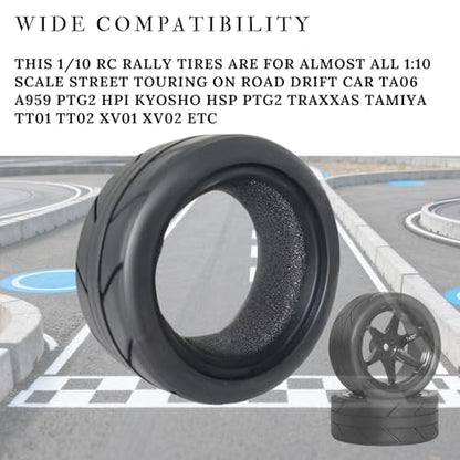 RC 1/10 On Road Tires 4PCS Soft Rubber Touring Car Tires with Foam Insert Compatible with Traxxas 4 Tec 2.0 Tamiya TT01 XV01 Kyosho WR8 HPI HSP WLtoys 1/10 RC Racing Car