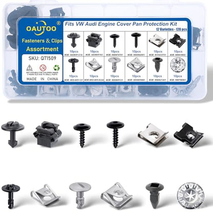 120pcs fits Audi Porsche VW & Skoda Engine Cover Pan Protection Fastener Screw Nut Clip Assortment Fender, Bumper, Radiator Support & Splash Shield Retainer Kit