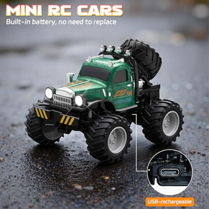 Snugzy Kids Mini RC Car 1:64 Scale RC Truck with Trailer 2.4Ghz Remote Control Rechargeable RC Cars Toy Gifts for Boys Girls (Green) - color: Green