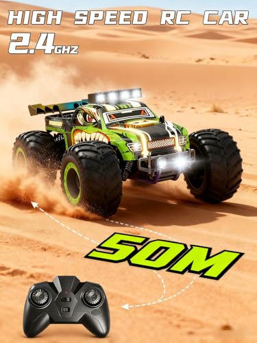 RC Cars for Boys Age 4-7 8-12, 20km/h High Speed Remote Control Monster Truck with Dino Theme, All-Terrain Off-Road Crawler with Impact-Resistant Flexible Shell, 2 Batteries,Gift Boy Toys - style: Dinosaur Rc Truck