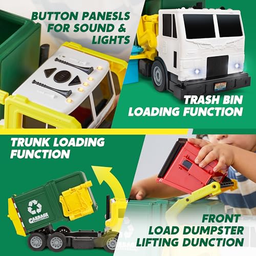 JOYIN Large Friction Powered Garbage Truck Toy Set, Includes 1 Dumpster, 3 Trash Bins, and 30 Learning Cards for Kids, Boy Toys Birthday Gift, Green - color: Green